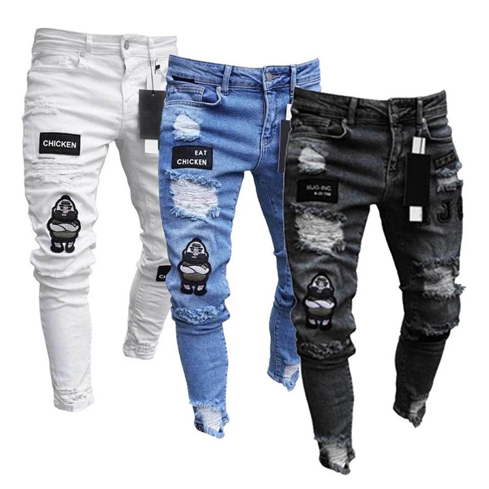 Tsingyi White Embroidery Ripped Jeans - Slim Fit Casual Denim - Buy Center US