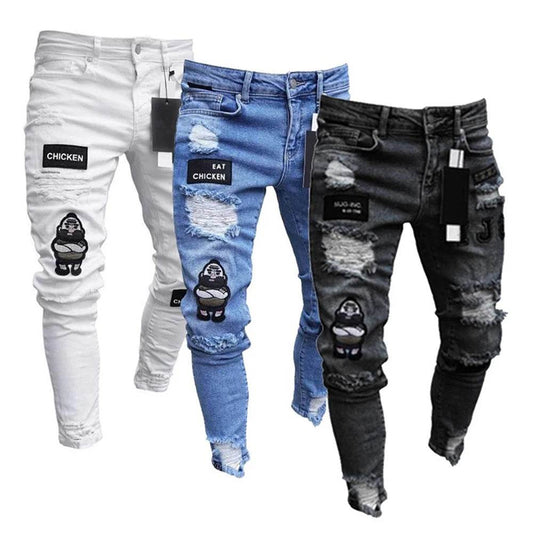 Tsingyi White Embroidery Ripped Jeans - Slim Fit Casual Denim - Buy Center US