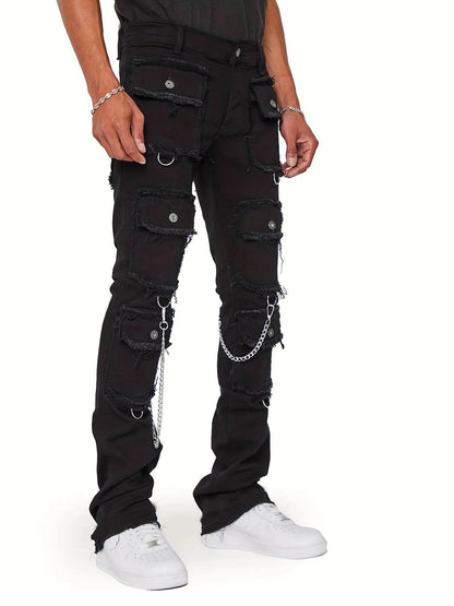 Kalenmos Men's Mid Waist Straight Jeans - Stylish Patchwork Cargo Design - Buy Center US