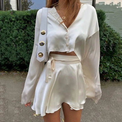 2025 Women's White Satin Two Piece Set - Elegant Crop Top & Skirt - Buy Center US