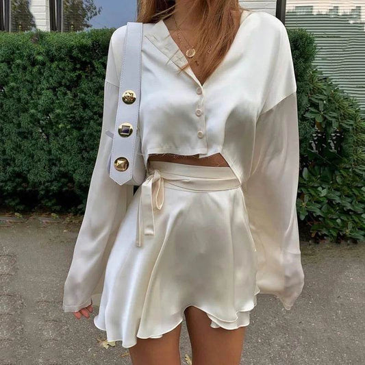 2025 Women's White Satin Two Piece Set - Elegant Crop Top & Skirt - Buy Center US