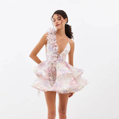3D Flowers Halter Dress - Printed Deep V-Neck for Summer Style - Buy Center US