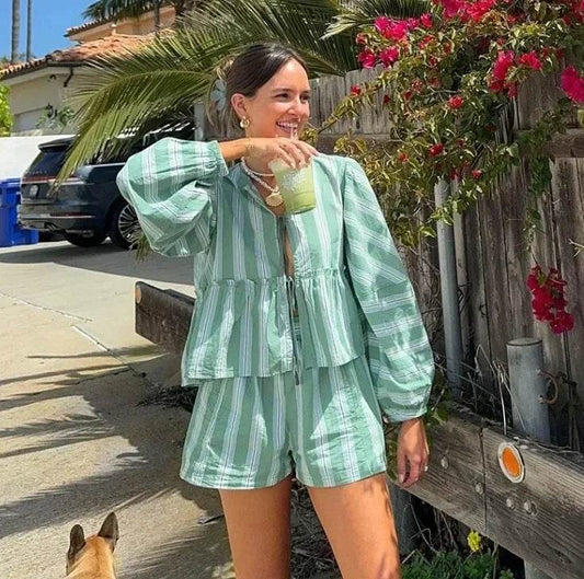 Chic Striped Lantern Sleeve Casual Top & Shorts Set for Women - Buy Center US