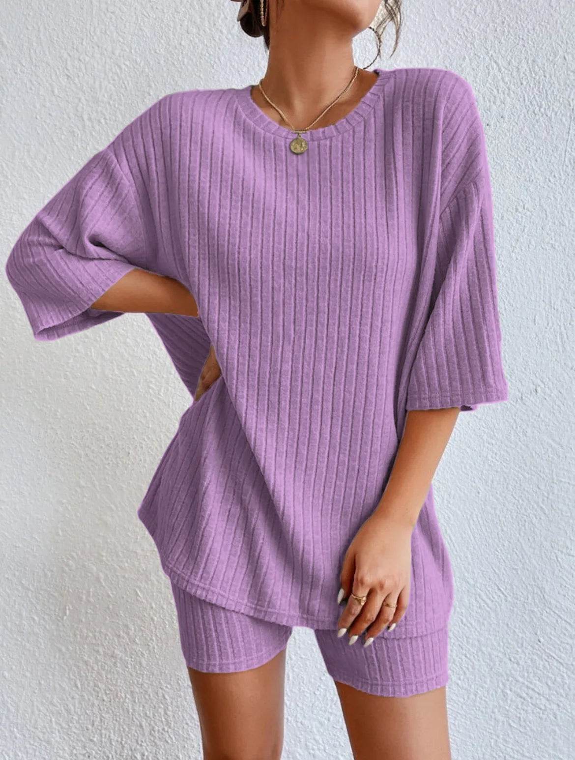 Casual Women’s Spring/Summer Two-Piece Set - O Neck Top & Shorts - Buy Center US