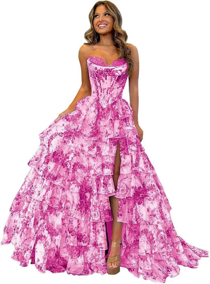 Strapless Floral Tiered Prom Dress - Sweetheart Neckline, A-Line Design - Buy Center US