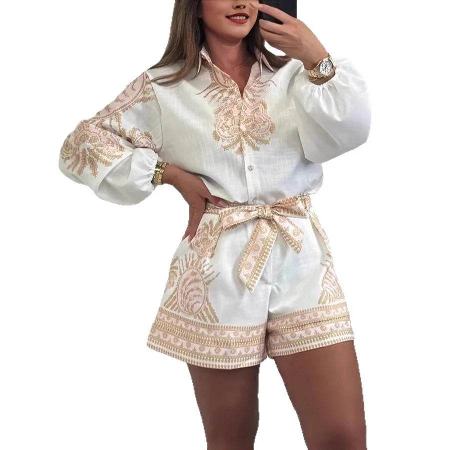 Women's Casual Print Button Shirt & Shorts Set - Elegant Office Outfit - Buy Center US