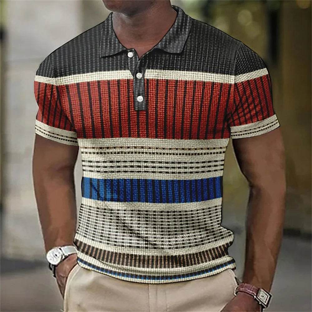 Vintage Men's Casual Polo Shirt - 3D Stripe Print, Loose Fit, Soft Tee - Buy Center US