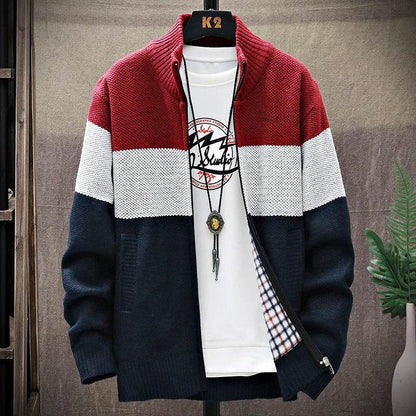 SNOW PINNACLE Men's Thick Velvet Cardigan: Patchwork Zipper Sweatercoat - Buy Center US