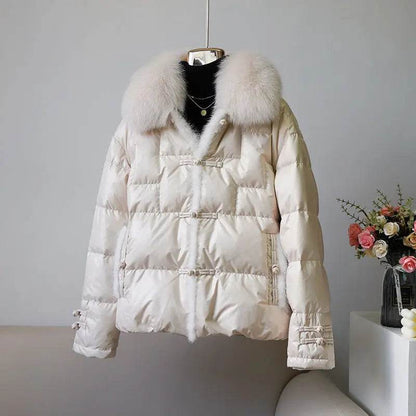 Vintage Chinese Style Duck Down Coat with Fox Hair Collar for Women - Buy Center US