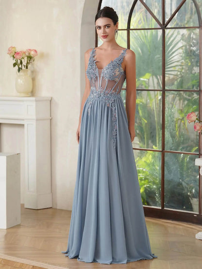 Women's Dusty Blue Floral Lace Maxi Dress - Spaghetti Straps, Boho Style - Buy Center US