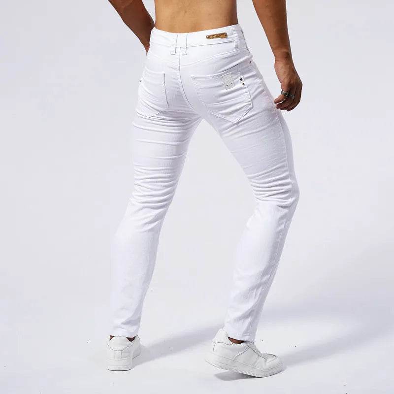 Men's White Casual Stretch Jeans - Ankle-Length Straight Fit - Buy Center US