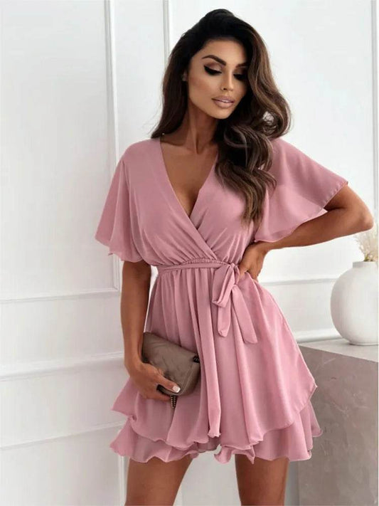 Summer V-Neck Mini Dress - Ruffled Hem Casual Women's Fashion - Buy Center US