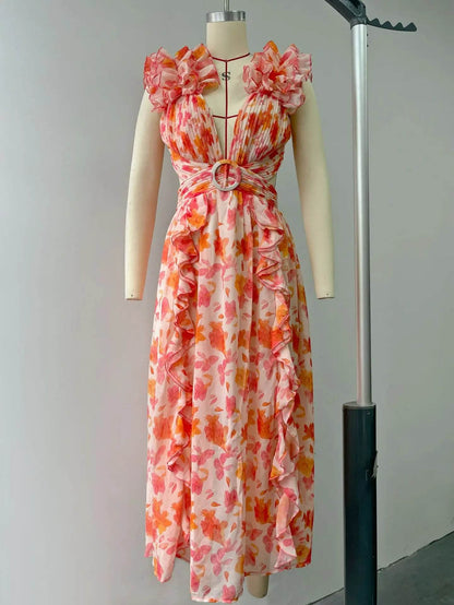 Izmestyeva Floral Backless Dress - Sleeveless V-Neck, Ruffle Trim - Buy Center US