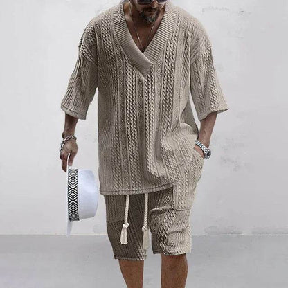 2024 Summer Casual Men's Knit Shorts Set - V-Neck Tee & Drawstring Shorts - Buy Center US