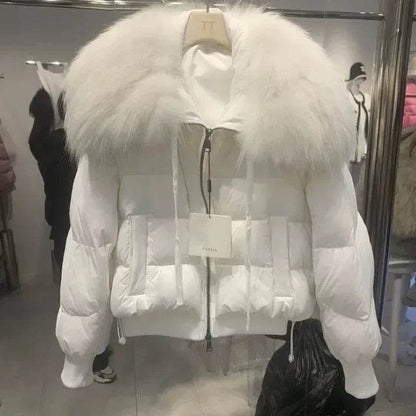 Women's Winter Down Jacket - Cropped Style with Fox Fur Collar - Buy Center US