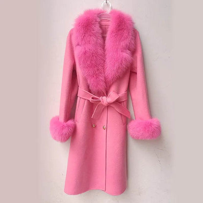 HSPLC Women's Long Wool Blended Coat with Fox Fur Collar - Winter Fashion - Buy Center US