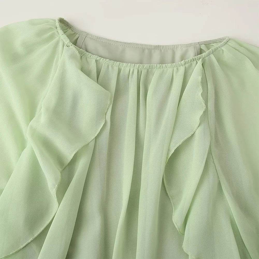 PB&ZA Women’s Frill Round Neck Dress - Fresh Green, Loose Fit Style - Buy Center US