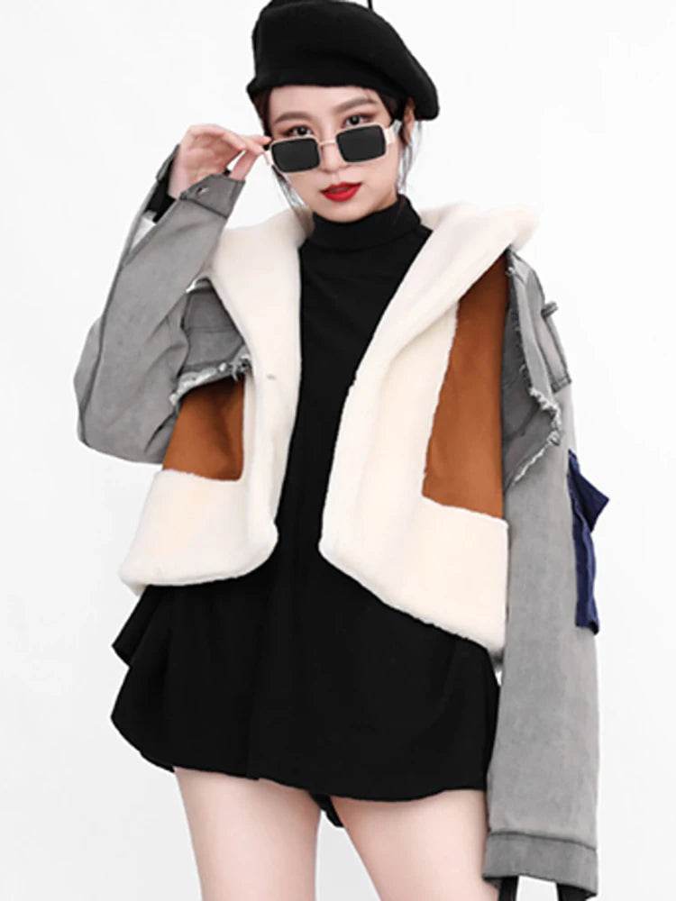 DEAT Women's Slim Woolen Coat - Full Sleeve, Patchwork Design - Buy Center US