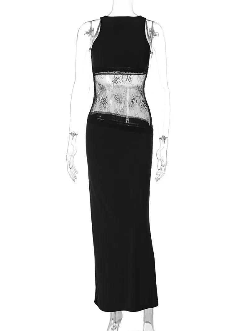 Elegant Black Sleeveless Lace Evening Dress - Backless Party Style - Buy Center US