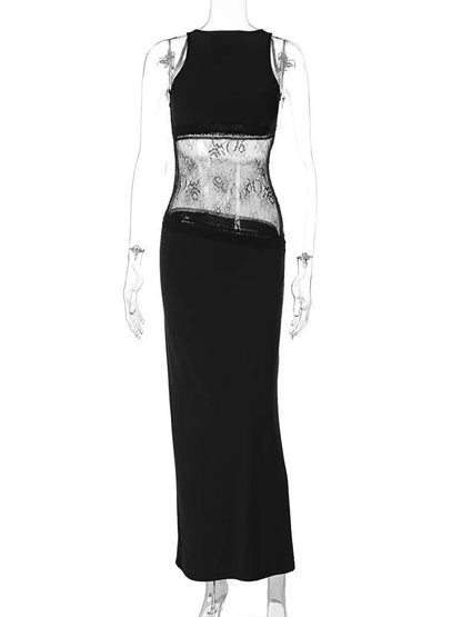 Elegant Black Sleeveless Lace Evening Dress - Backless Party Style - Buy Center US