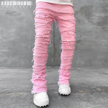 Men's Ripped Slim Fit Stacked Jeans - Distressed Casual Denim Pants - Buy Center US