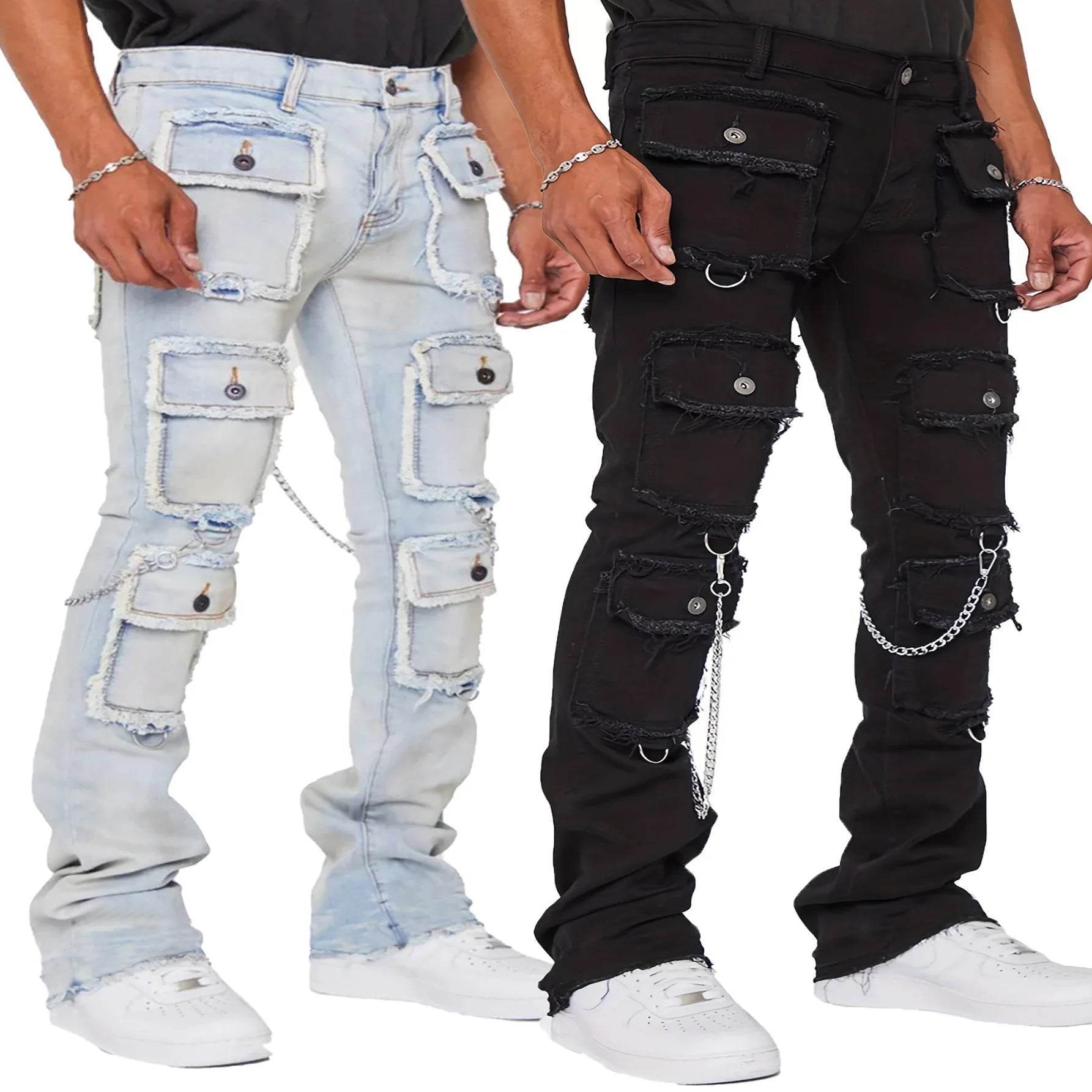 Kalenmos Men's Mid Waist Straight Jeans - Stylish Patchwork Cargo Design - Buy Center US
