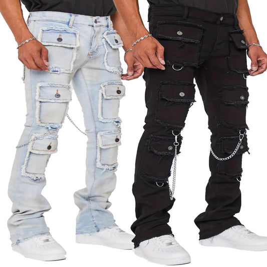 Kalenmos Men's Mid Waist Straight Jeans - Stylish Patchwork Cargo Design - Buy Center US