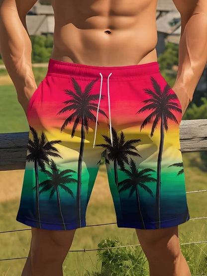Men's Hawaiian Swim Trunks - 3D Gradient Palm Tree Print, Quick Dry - Buy Center US