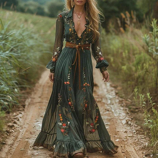 Ethnic Retro Floral Print Long Dress - Women’s Party Pleated A-Line - Buy Center US