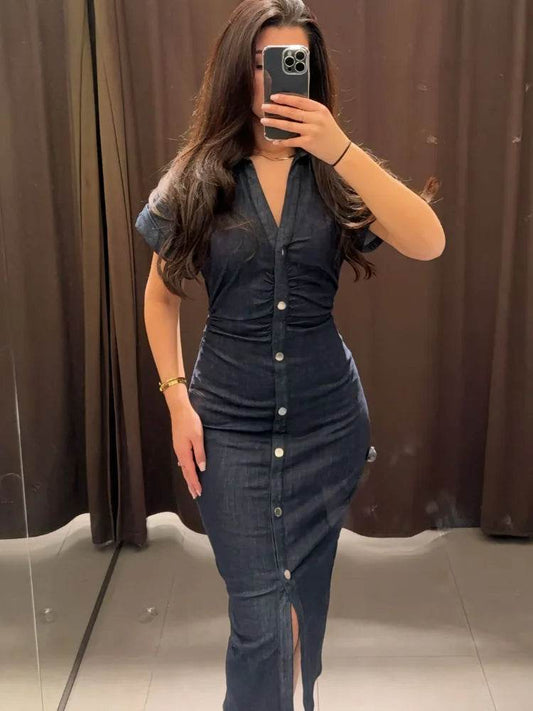 Beainmmry Elegant Denim Dress - Short Sleeve, Slim Fit for Women - Buy Center US