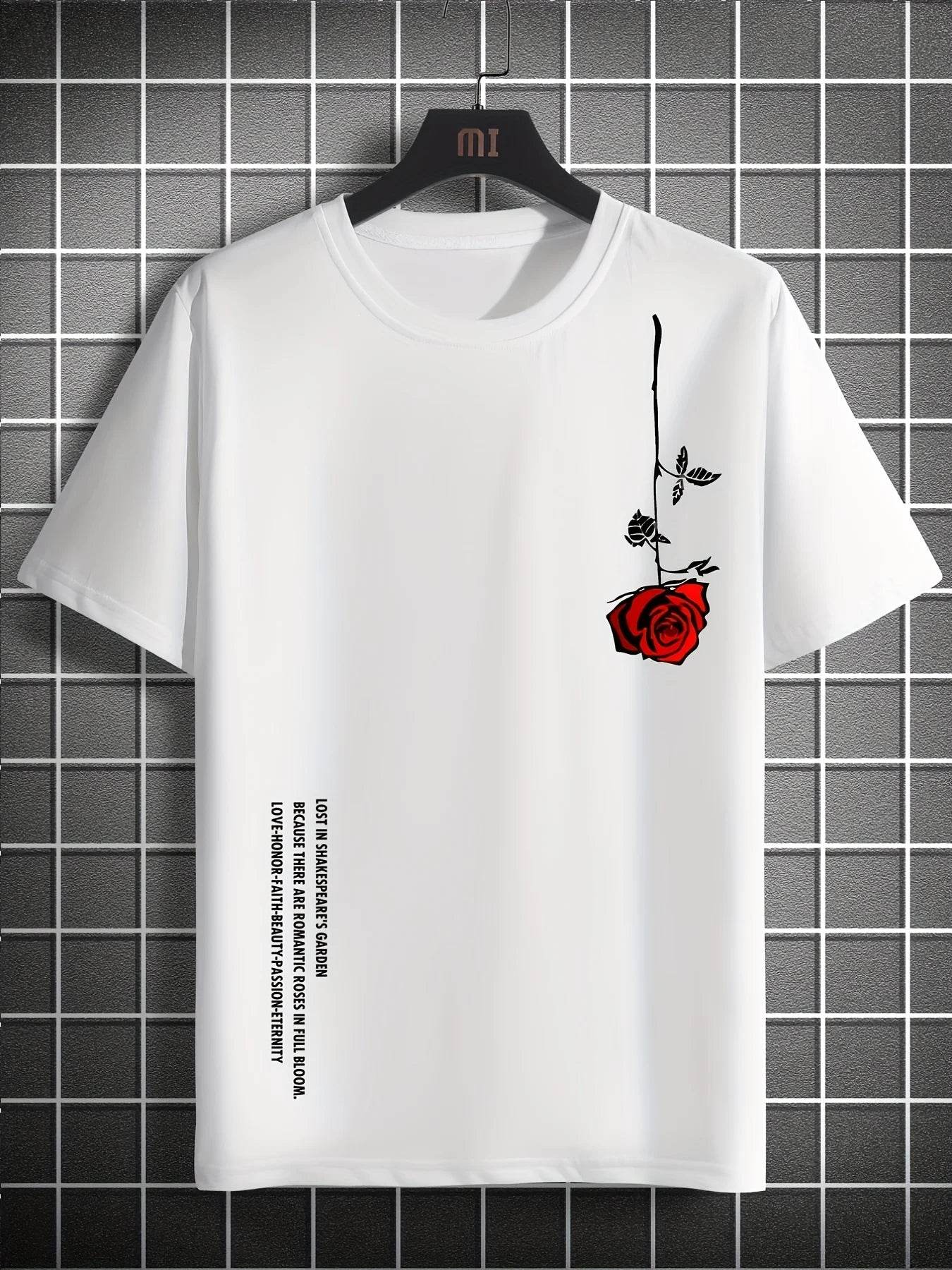 GUILAN Men's Casual Rose Print T-Shirt - 100% Cotton, Slim Fit Style - Buy Center US