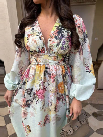 Chic Floral Print Women's Dress - Elegant V-Neck & Lantern Sleeves - Buy Center US
