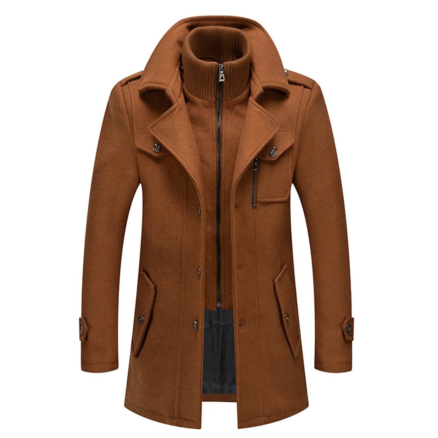 Men's Black Woolen Trench Coat - Casual High Collar Zipper Jacket - Buy Center US