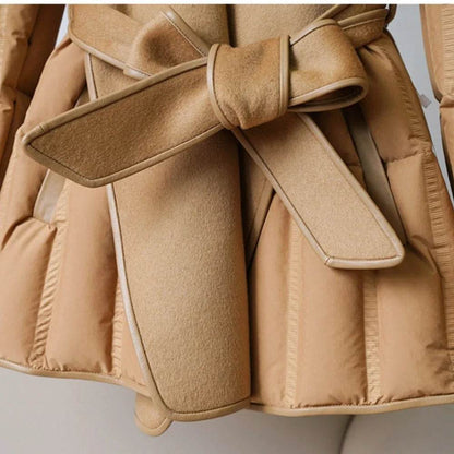 Lady Puffer Jacket with Belt - Warm Wool Cashmere Down Coat 2024 - Buy Center US