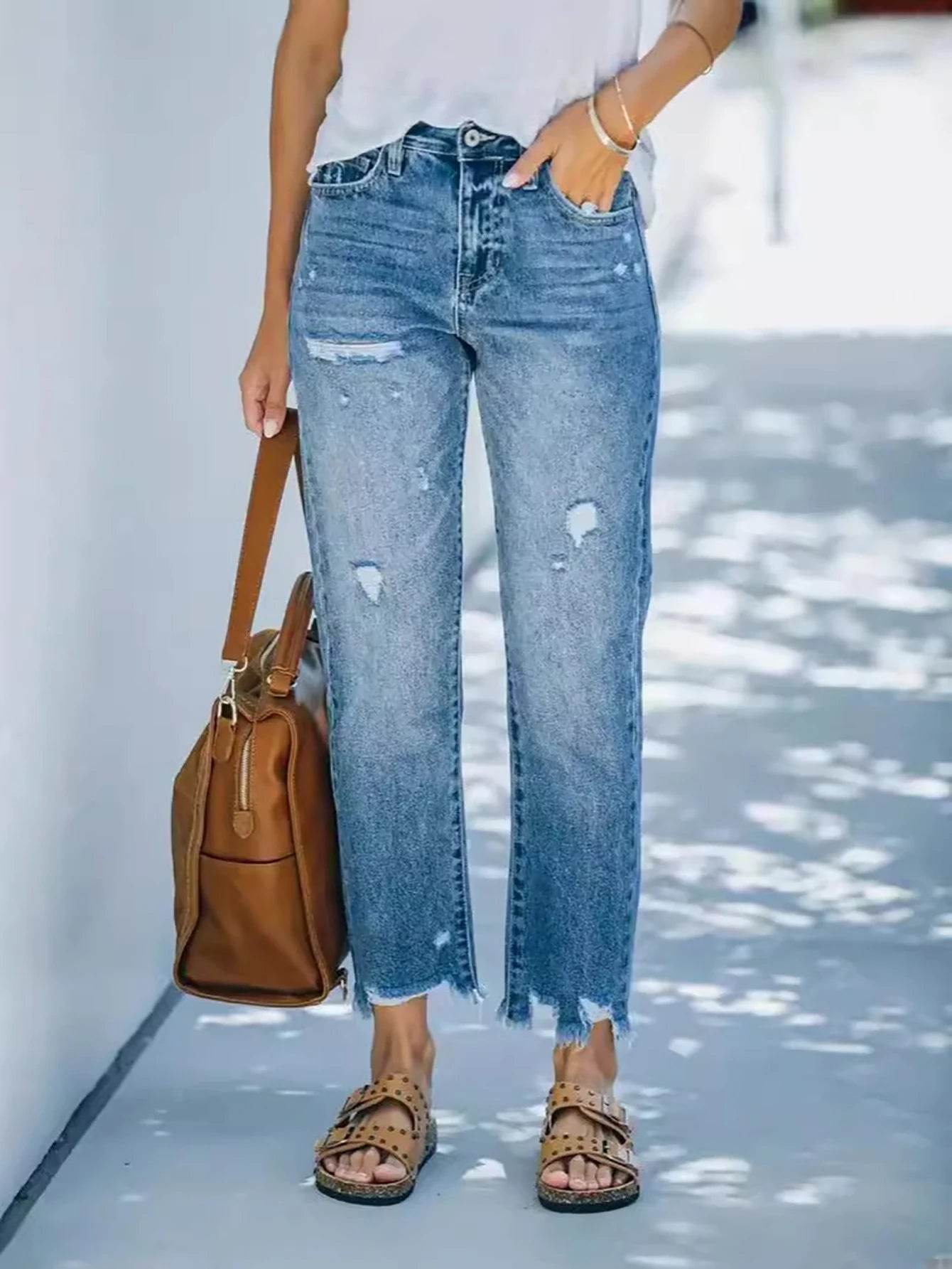 Women's Mid-Waist Straight Ripped Jeans - Casual Ankle-Length Style - Buy Center US
