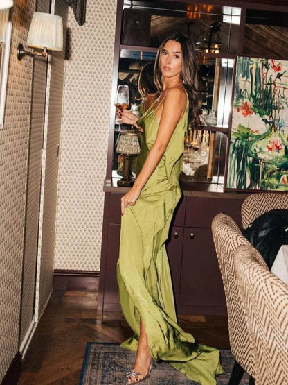 Elegant Green Satin Sling Dress - Backless Sleeveless & Slim Fit - Buy Center US