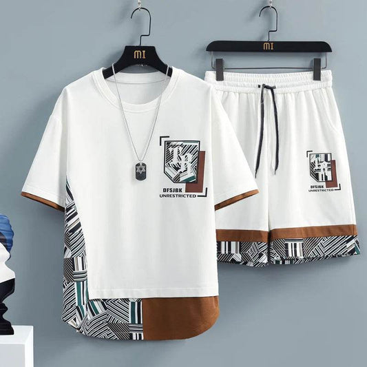 Men's Summer Tracksuit Set - Splice Print T-Shirt & Shorts for Casual Style - Buy Center US