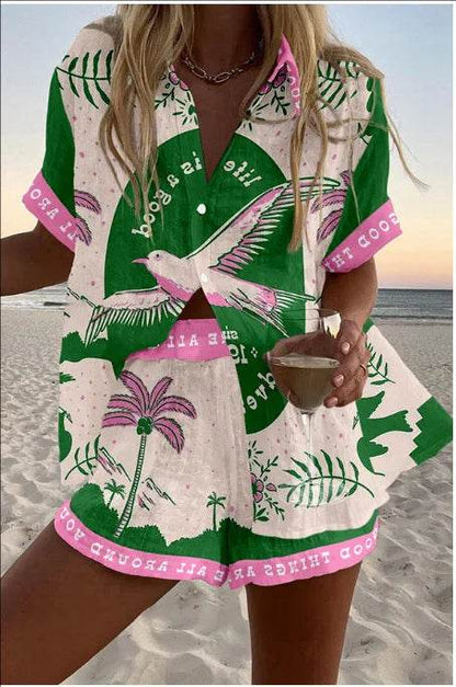 Women's Summer Print 2-Piece Beach Set - Casual Short Sleeve Top - Buy Center US