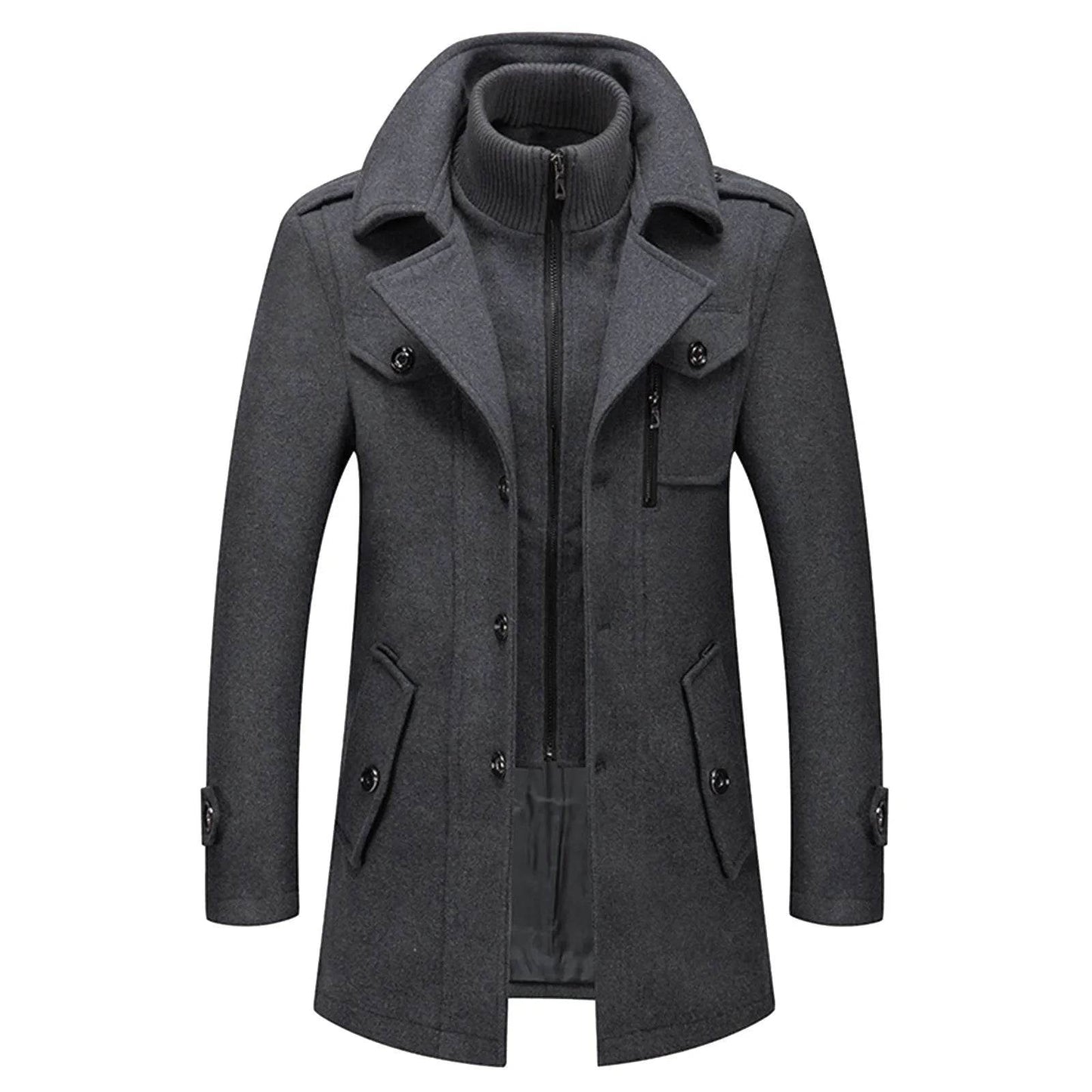 Men's Black Woolen Trench Coat - Casual High Collar Zipper Jacket - Buy Center US