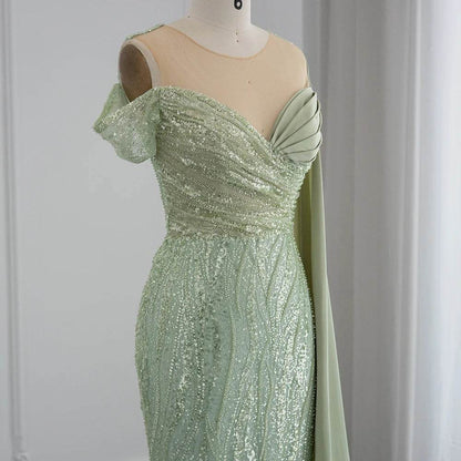Sharon Said Sage Green Mermaid Evening Dress – Off The Shoulder Cape - Buy Center US