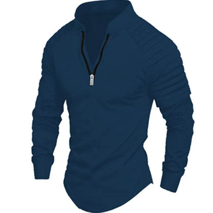 Men's Long Sleeve Polo Shirt - Casual Solid Color with Zipper Collar - Buy Center US