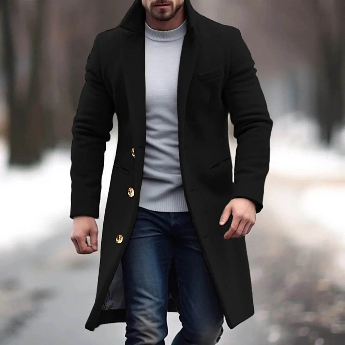 Men's Woolen Mid-Length Trench Coat - Casual Slim Fit Jacket with Pockets - Buy Center US