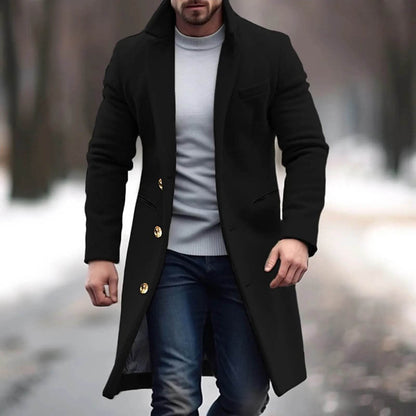 Men's Woolen Mid-Length Trench Coat - Casual Slim Fit Jacket with Pockets - Buy Center US