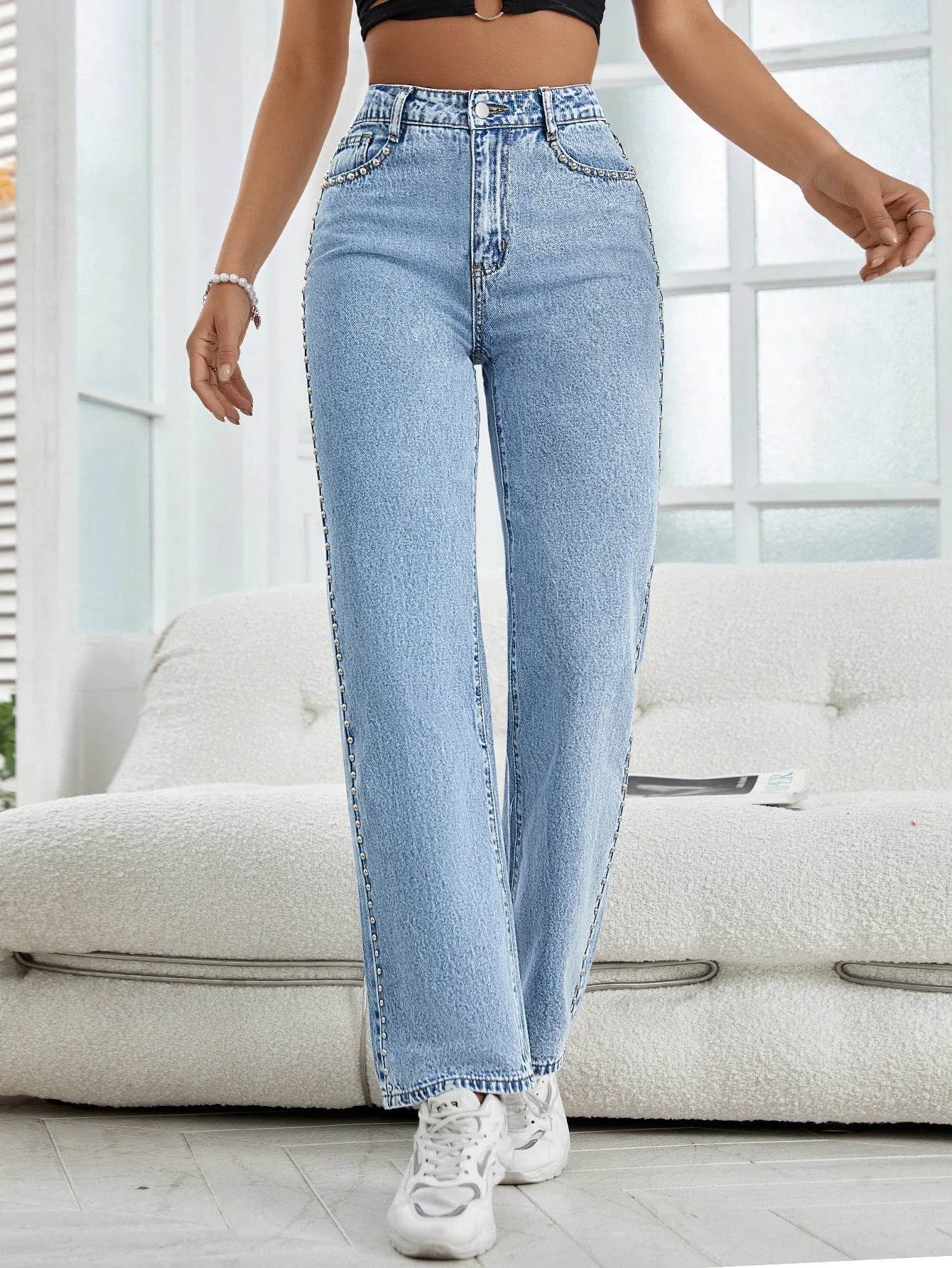 Women's Light Blue Straight-Leg Jeans - Casual Beaded Trim Style - Buy Center US