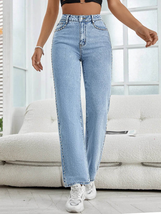 Women's Light Blue Straight-Leg Jeans - Casual Beaded Trim Style - Buy Center US