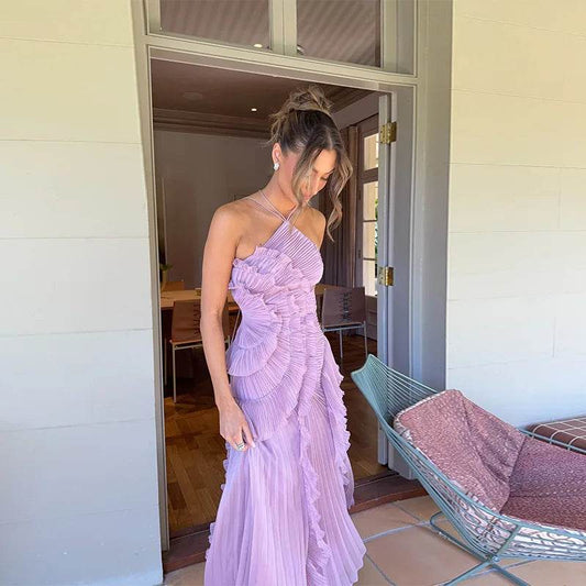 Women's Elegant Purple Halter Neck Maxi Dress - Summer Vacation Style - Buy Center US