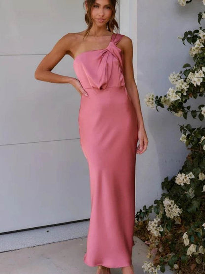 Elegant Women's Satin Dress - Slanted Shoulders, Slim Fit for Summer - Buy Center US