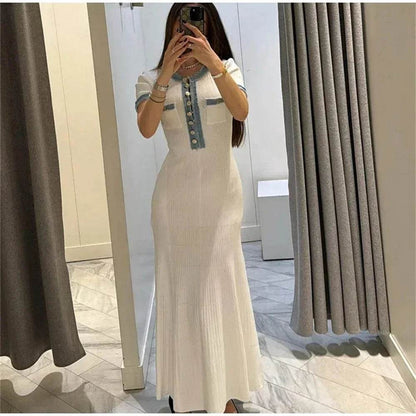 Elegant Women's Knit Maxi Dress - Chic O-neck with Metal Buttons - Buy Center US