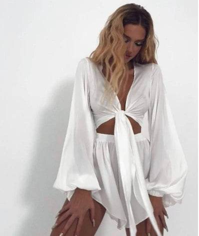 Women's Solid Color Lace Up Beach Suit - Spring Summer Casual Set - Buy Center US