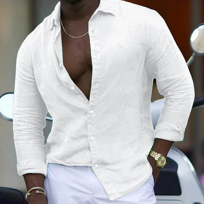 Casual Cotton Linen Mens Shirt - Loose Fit Turn-Down Collar, Long Sleeve - Buy Center US